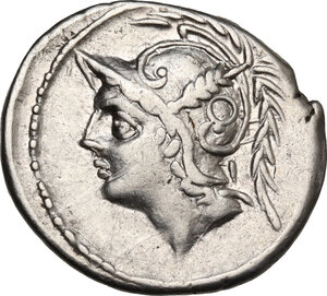 obverse: Q. Thermus M.f.. AR Denarius, 103 BC. Obv. Helmeted head of Mars left. Rev. Roman soldier fighting enemy in protection of fallen comrade, in exergue, Q. THERM. MF. Cr. 319/1, B. (Minucia) 19. AR. 3.87 g. 19.00 mm. Broad flan and good metal. Choice, well centred and brilliant. Hair-line flan crack at one o clock of reverse, otherwise about EF