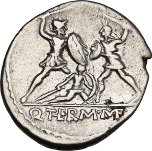reverse: Q. Thermus M.f.. AR Denarius, 103 BC. Obv. Helmeted head of Mars left. Rev. Roman soldier fighting enemy in protection of fallen comrade, in exergue, Q. THERM. MF. Cr. 319/1, B. (Minucia) 19. AR. 3.87 g. 19.00 mm. Broad flan and good metal. Choice, well centred and brilliant. Hair-line flan crack at one o clock of reverse, otherwise about EF