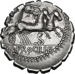 reverse: L. Procilius. Denarius serratus, Rome mint, 80 BC