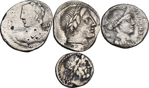 obverse: Roman Republic. Lot of four (4) unclassified AR roman republican coins, including (3) AR denarii and (1) AR victoriatus