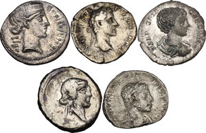 obverse: Roman Republic to Roman Empire. Lot of five (5) unclassified AR roman coins, (2) republic denarii and (3) imperial denarii