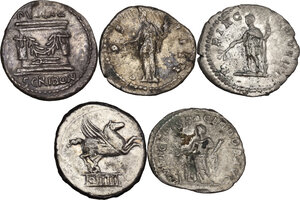 reverse: Roman Republic to Roman Empire. Lot of five (5) unclassified AR roman coins, (2) republic denarii and (3) imperial denarii