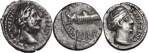 obverse: Roman Republic to Roman Empire. Lot f 3 AR Denarii, including: Mark Antony, Antoninus Pius and Faustina I