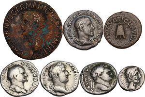 obverse: The Roman Empire. Lot of 7 unclassified coins, including 2 AE denominations (Claudius and Germanicus) and 5 AR denominations (Augustus, Hadrian, Vespasian and Maximinus Thrax)
