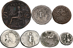 reverse: The Roman Empire. Lot of 7 unclassified coins, including 2 AE denominations (Claudius and Germanicus) and 5 AR denominations (Augustus, Hadrian, Vespasian and Maximinus Thrax)