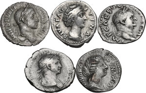 obverse: The Roman Empire. Lot of 5 AR Denarii, including: Vespasian, Faustina I, Faustina II, Trajan, Severus Alexander