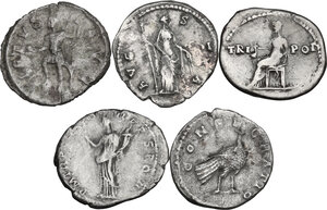 reverse: The Roman Empire. Lot of 5 AR Denarii, including: Vespasian, Faustina I, Faustina II, Trajan, Severus Alexander