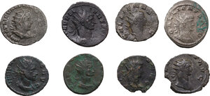 obverse: The Roman Empire. Lot of 8 unclassified BI (2) and AE (6) Antoniniani, including: Gallienus, Claudius II, Aurelian,Valerian