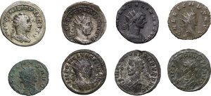 obverse: The Roman Empire. Lot of 8 unclassified AR (3), BI (2) and AE (3) Antoniniani, including: Philip II, Gallienus, Tacitus, Probus and Aurelian