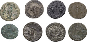 reverse: The Roman Empire. Lot of 8 unclassified AR (3), BI (2) and AE (3) Antoniniani, including: Philip II, Gallienus, Tacitus, Probus and Aurelian