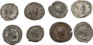 obverse: The Roman Empire. Lot of 8 BI (7) and AE (1) Antoniniani, including: Gallienus, Aurelian, Claudius II, Valerian, Diocletian, Salonina