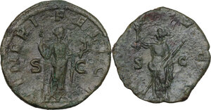 reverse: The Roman Empire. lot of two (2) AE roman imperial coins, including(1) sestertius of Julia Mamea and (1) As of Alexander Severus
