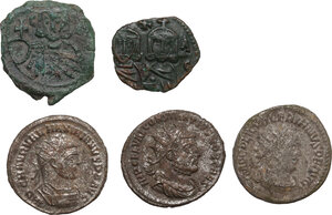 obverse: The Roman and Byzantine Empire.. Lot of 5 AE Denominations, including: Maximian, constantius Chlorus and Valerian