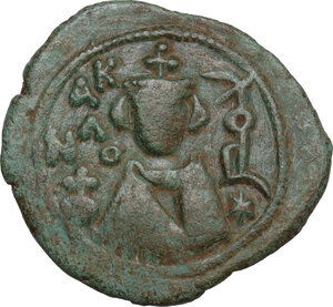 obverse: Arab-byzantine, Umayyad Caliphate. time of  Abd al-Malik ibn Marwan (65-86 AH / 685-705 AD). . AE Follis, Hims (Emesa) mint
