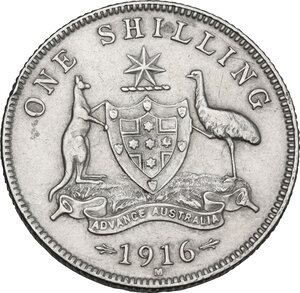 reverse: Australia.  George V (1910-1936). AR Shilling 1916, Melbourne mint