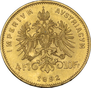 reverse: Austria.  Franz Joseph (1848-1916).. AV 4 Florins-10 Francs 1892, restrike