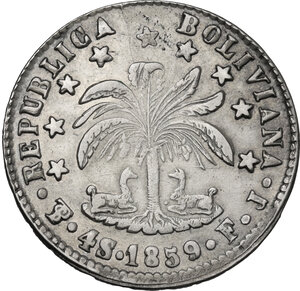 reverse: Bolivia.  Republic. AR 4 Soles 1859, Potosi mint