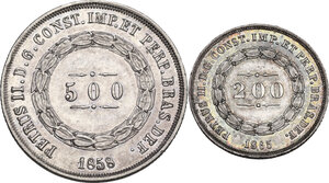 reverse: Brazil.  Pedro II (1831-1889). AR 200 reis 1865, in addition 500 reis 1856 (XF)