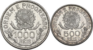 reverse: Brazil.  Republic. Lot of two (2) coins: 500 and 1000 reis 1913