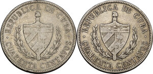 obverse: Cuba.  Republica. Lot of two (2) coins: 40 centavos 1915 and 1920