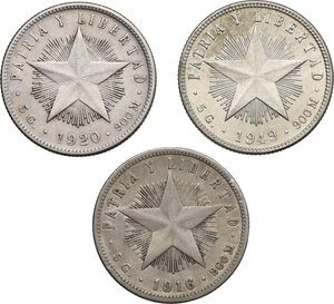 reverse: Cuba.  Republic. Lot of three (3) coins: 20 centavos 1916, 1920 and 1949 (MS condition)