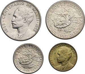 obverse: Cuba. Lot of four (4) coins: 25 centavos 1953, 20 centavos 1952, 10 centavos 1952 and 1 centavo 1953