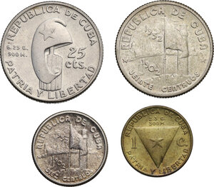reverse: Cuba. Lot of four (4) coins: 25 centavos 1953, 20 centavos 1952, 10 centavos 1952 and 1 centavo 1953