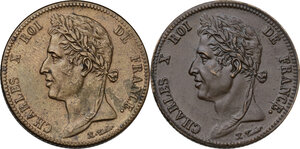 obverse: France.  Charles X (1824-1830).. Lot of two (2) coins: 5 cent 1825 and 1828