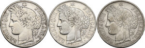 obverse: France.  Republic. Lot of three (3) coins: 5 francs 1849 A, 1850 A, 1851 A