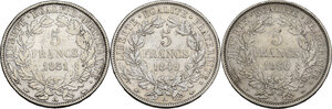 reverse: France.  Republic. Lot of three (3) coins: 5 francs 1849 A, 1850 A, 1851 A