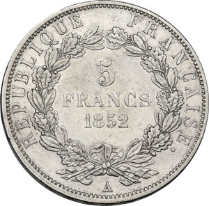 reverse: France.  Napoleon III (1852-1870).. 5 francs 1852 A, Paris mint