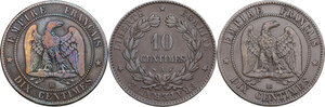 reverse: France. Lot of three (3) coins: 10 centimes 1862 BB, 10 centimes 1863 BB, 10 centimes 1896 A