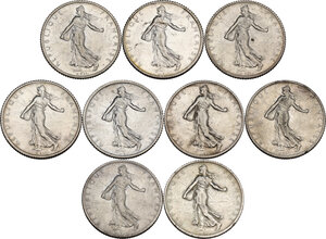 obverse: France.  Republic. Lot of nine (9) coins: franc 1898, 1899, 1901, 1910, 1912, 1914, 1915, 1916, 1917
