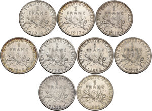 reverse: France.  Republic. Lot of nine (9) coins: franc 1898, 1899, 1901, 1910, 1912, 1914, 1915, 1916, 1917
