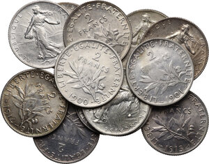 obverse: France.  Republic. Lot of thirteen (13) coins: 2 francs 1899, 1900, 1901, 1910, 1912, 1913, 1914, 1915, 1916, 1917, 1918, 1919, 1920