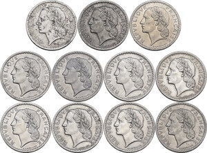 obverse: France.  Republic. Lot of eleven (11) coins: 5 francs 1945, 1945B, 1946, 1946C, 1947, 1947B, 1949, 1949B, 1950, 1950B, 1952
