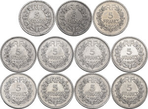 reverse: France.  Republic. Lot of eleven (11) coins: 5 francs 1945, 1945B, 1946, 1946C, 1947, 1947B, 1949, 1949B, 1950, 1950B, 1952