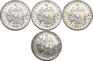 reverse: France.  Republic. Lot of four (4) coins: 5 francs 1969, 1964, 1967, 1969