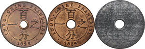 reverse: French Indochina. Lot of three (2) coins: cent 1922, 1939 and 1941