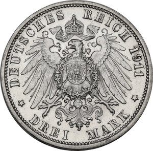 reverse: Germany.  Wilhelm II (1888-1918). AR 3 mark 1911 F, Stuttgart mint