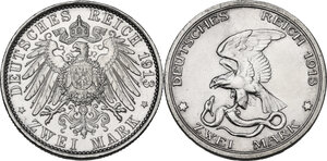 reverse: Germany.  Wilhelm II (1888-1918). Lot of two (2) coins: 2 mark 1913