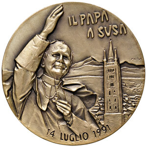 obverse: Roma. S. Giovanni Paolo II (1978-2005). Medaglia 1991 AE gr. 85,77 diam. 51 mm. Opus Maurizio Baldessari. Visita alla città di Susa. FDC