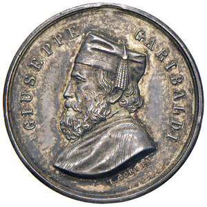 obverse: Giuseppe Garibaldi (1807-1882). Medaglia AG gr. 4,37 diam. 22 mm. Opus Luigi Gori. Patina di medagliere, SPL