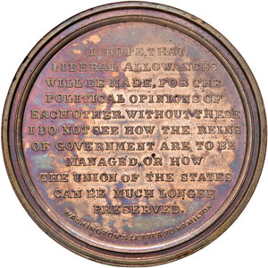 reverse: Stati Uniti d America. George Washington (1732-1799). Medaglia (1864) commemorativa della lettera di Washington a Hamilton AE gr. 76,42 diam. 60 mm. Opus J. A. Bolen. FDC