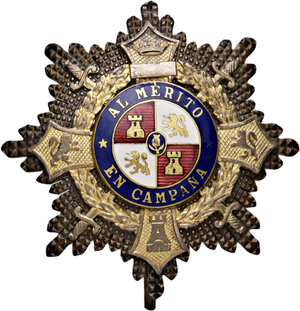 obverse: Spagna. Croce di guerra (1942-1975). Placca da comandante, AG dorato e smalti. Ottime condizioni.