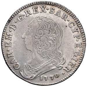 obverse: Savoia. Carlo Emanuele III (1730-1773). II periodo: nuova monetazione, 1755-1773. Mezzo scudo nuovo 1770 (Torino) AG gr. 17,39. MIR 947p. Raro. q.BB/BB 