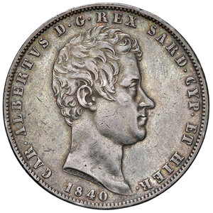 obverse: Savoia. Carlo Alberto (1831-1849). Da 5 lire 1840 (Genova) AG. Pagani 247. MIR 1047v. Bella patina di medagliere, buon BB