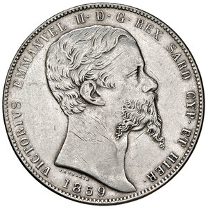 obverse: Savoia. Vittorio Emanuele II re di Sardegna (1849-1861). Da 5 lire 1859 (Genova) AG. Pagani 387. MIR 1057r. Rara. Buon BB 