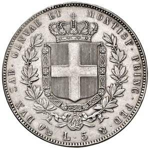 reverse: Savoia. Vittorio Emanuele II re di Sardegna (1849-1861). Da 5 lire 1859 (Genova) AG. Pagani 387. MIR 1057r. Rara. Buon BB 