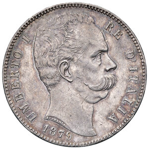 obverse: Savoia. Umberto I re d’Italia (1878-1900). Da 5 lire 1879 AG. Pagani 590. MIR 1100. Bella patina di medagliere, q.SPL